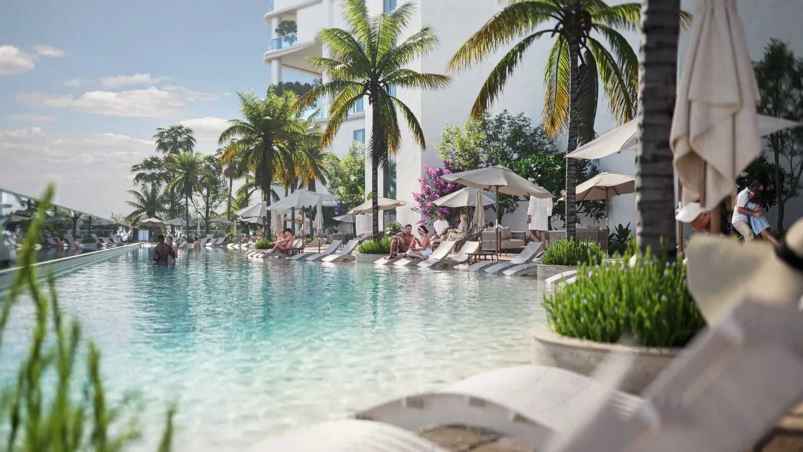 Azure pool terrace and sea-view horizon